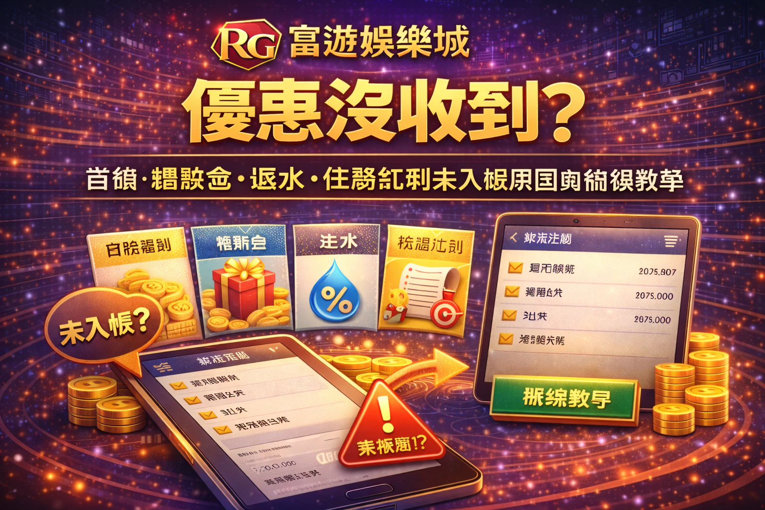 RG富遊娛樂城優惠沒收到封面圖:首儲、體驗金、返水、任務紅利未入帳原因與補領教學