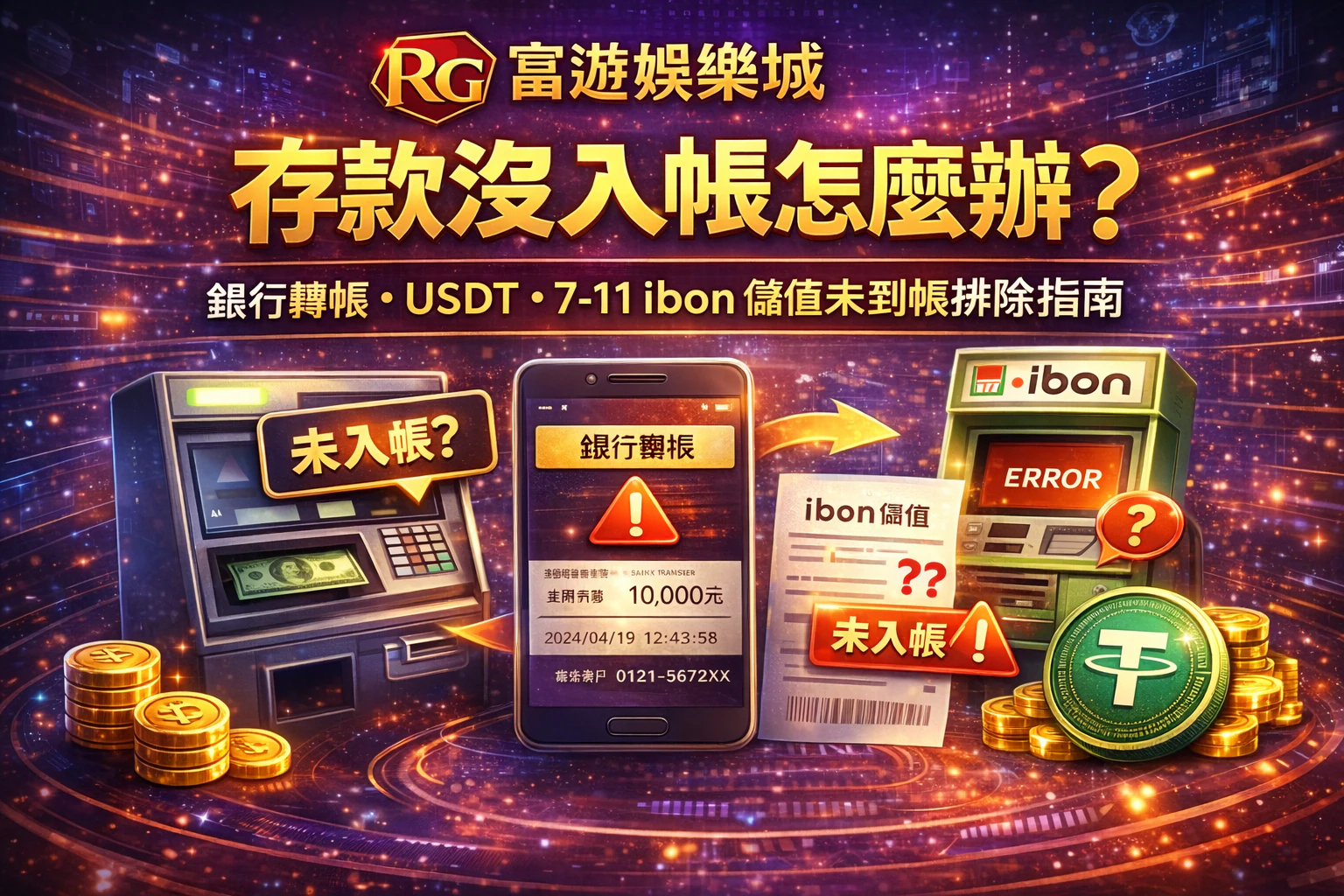 RG富遊娛樂城存款沒入帳封面圖：銀行轉帳、USDT、7-11 ibon 儲值未到帳排除指南